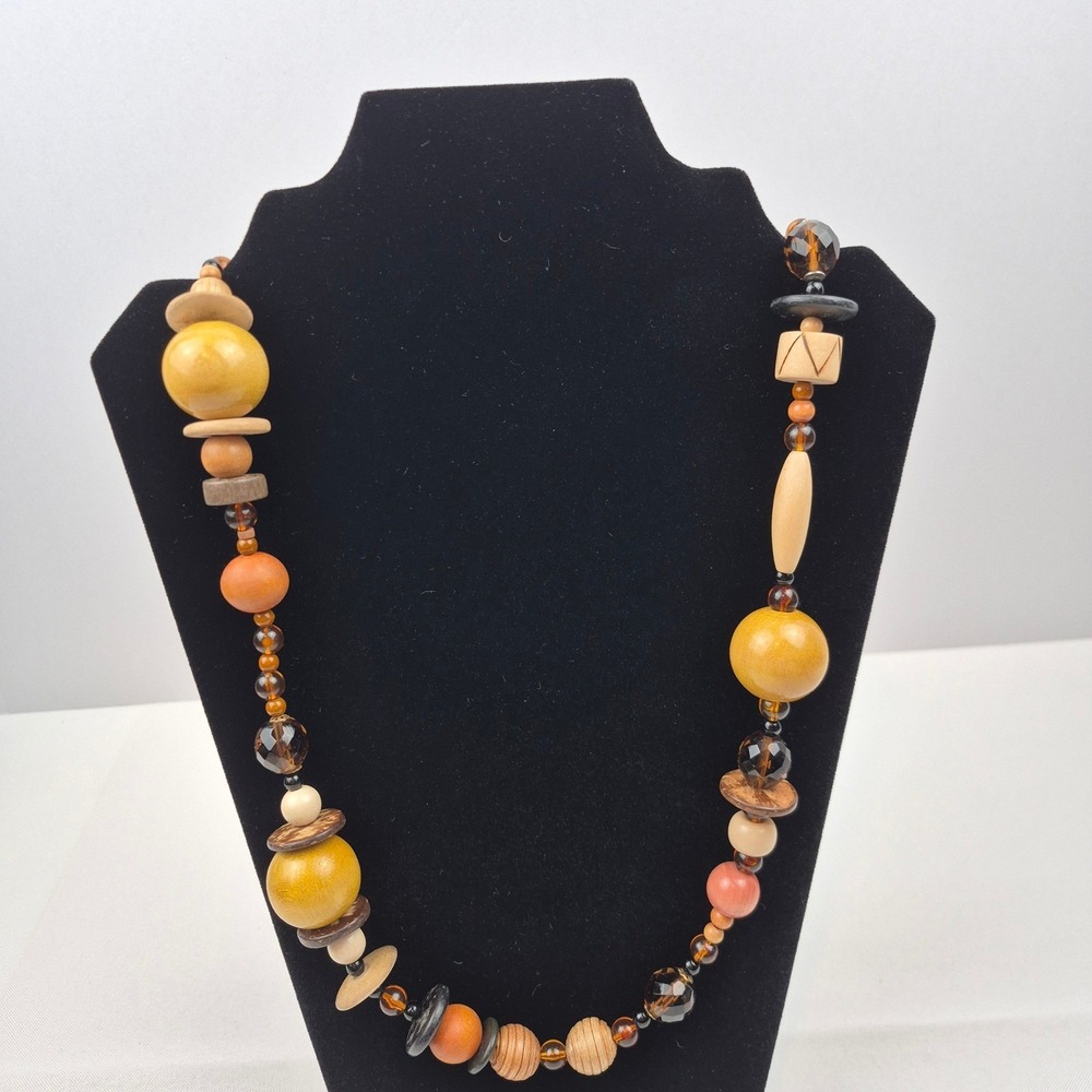 Joan Rivers 36" Wood Bead Necklace Neutral Earth Tone Multicolor Chunky NWOT‎